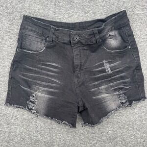 SheIn Womens Black Distressed‎ Denim Shorts Frayed Hem Stretch Mid Rise Size M